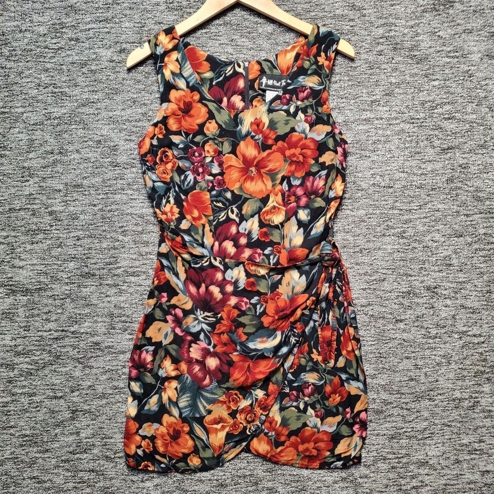 VTG All That Jazz Floral Faux Wrap Mini Dress Juniors 9/10 Orange Tropical 90s